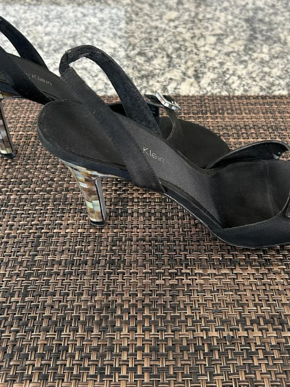 Calvin Klein Black Satin Slingback Sandals with Mosaic Shell Heel - Size 8.5